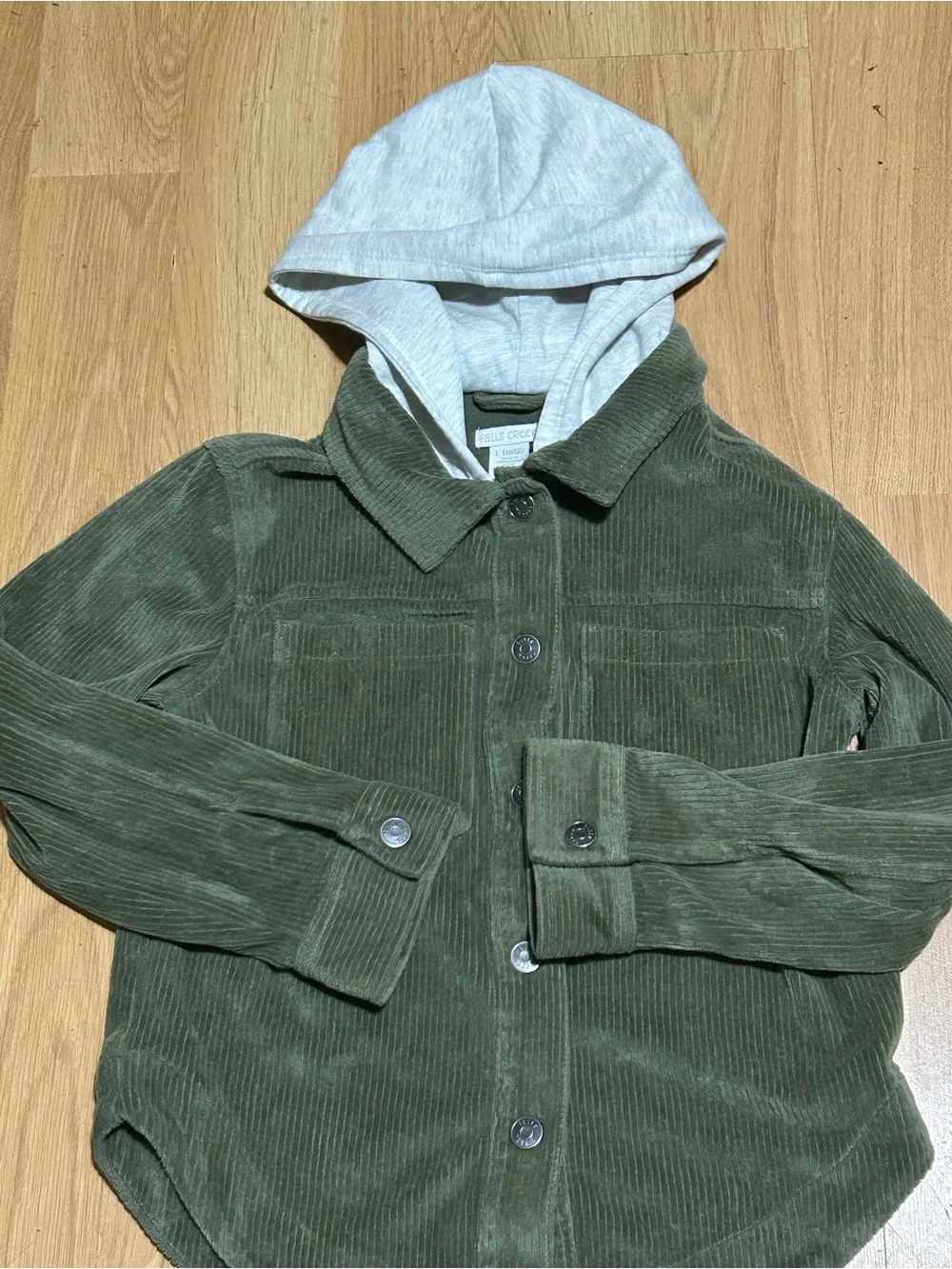 Falls Creek Boys Green Corduroy Jacket with Gray Hood